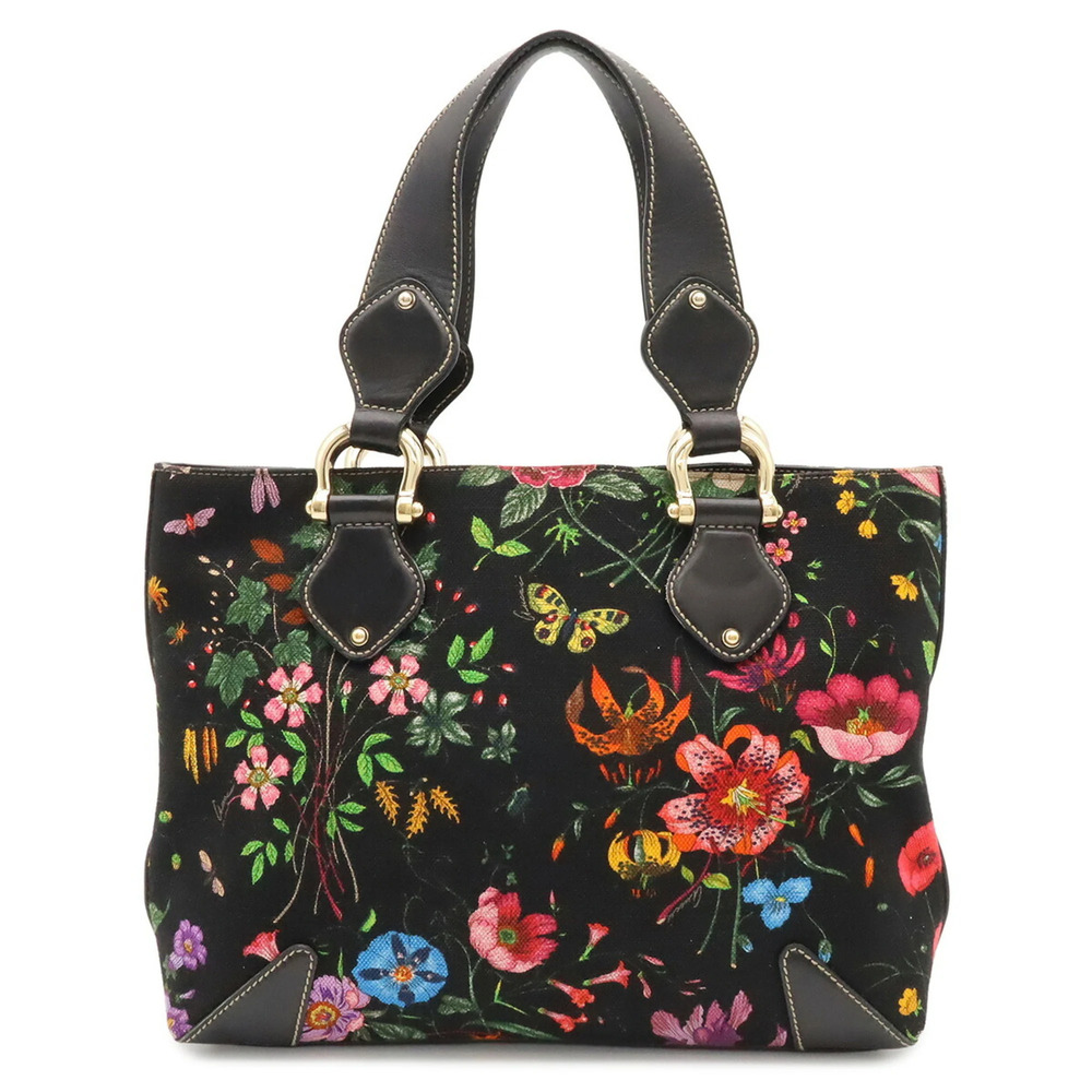 GUCCI Flora Tote Bag Handbag Flower Canvas Leather Black Multicolor 153024